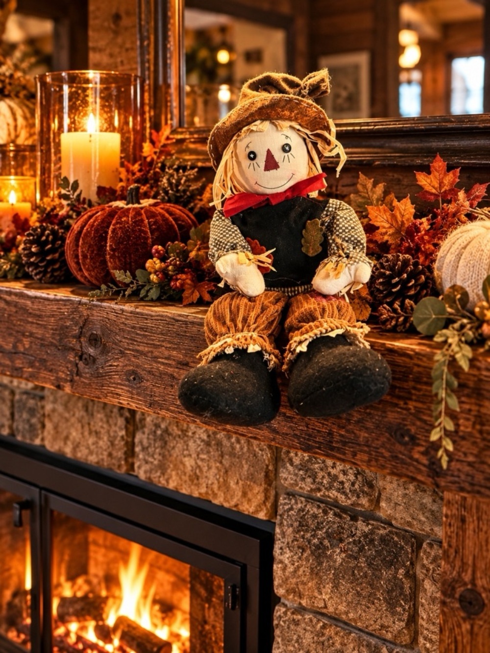 Autumn Scarecrow Plush Sitting Figurine - Rustic Fall Decor (Brown & Cream)